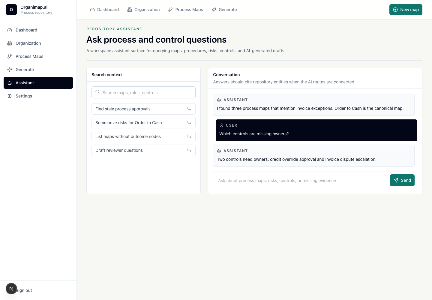 Assistant Organimap.ai pour poser des questions sur les processus, risques et contrôles.