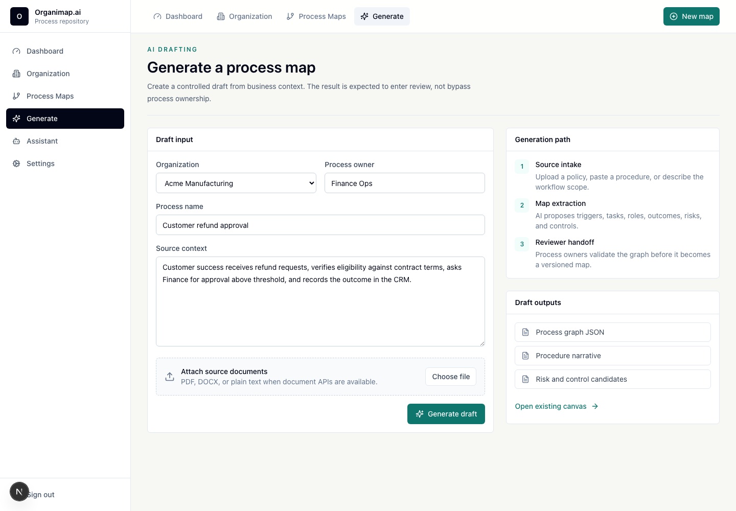 Page de génération Organimap.ai avec formulaire d'entrée, contexte source et brouillon IA.